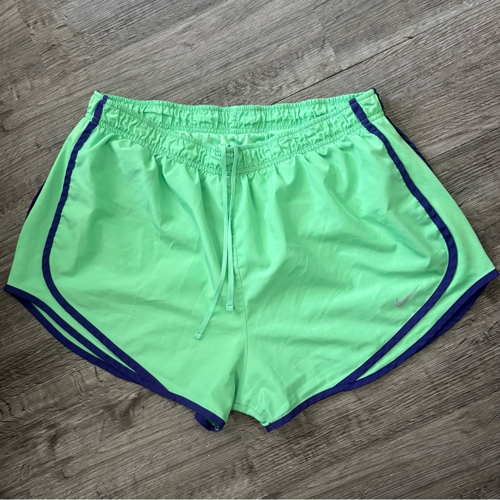 Nike Women's Dri-Fit Green Athletic Shorts with Purple Trim